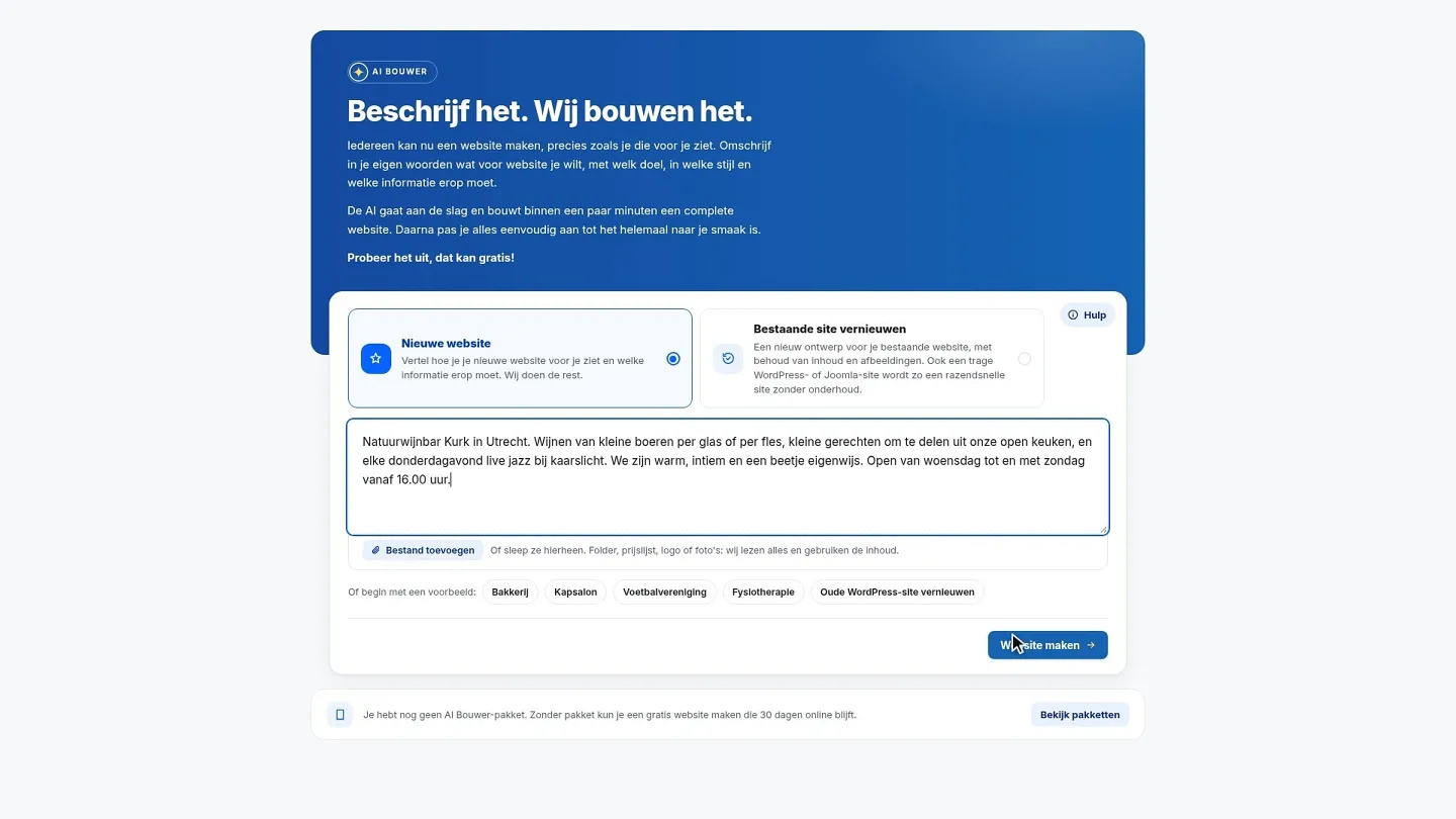 Der Startbildschirm des AI Builder: Unter Neue Website steht die Beschreibung einer Naturweinbar in Utrecht, unten rechts die Schaltfläche zum Erstellen der Website.