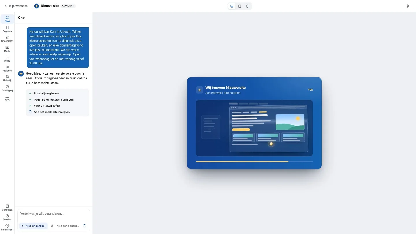 Der AI Builder baut die Website: Links im Chat werden die Schritte abgehakt, rechts füllt sich ein Fortschrittsbalken.