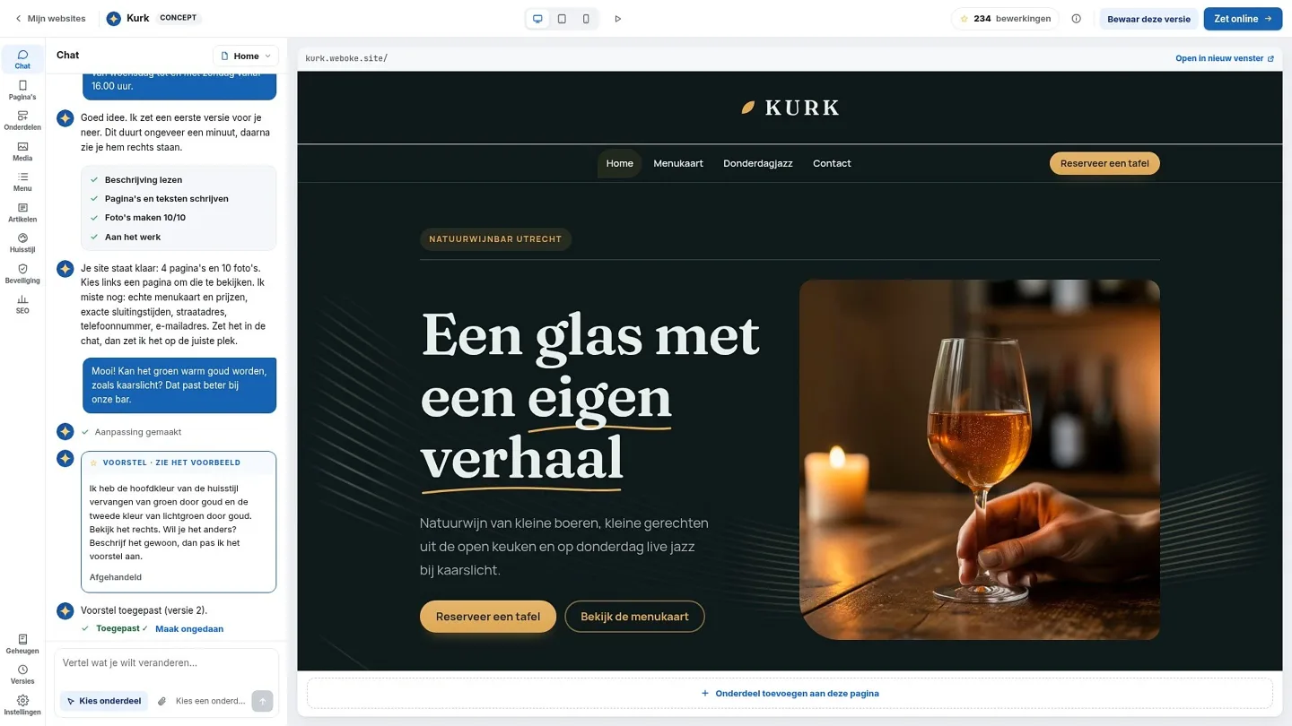 Die fertige Website der Weinbar Kurk, oben rechts die Schaltfläche zum Online-Stellen.