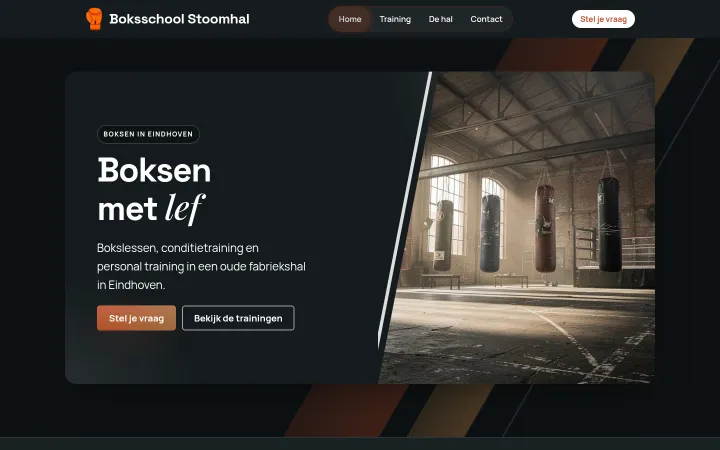 Startseite von Boksschool Stoomhal, eine Beispiel-Website, erstellt mit dem WebOké AI Builder